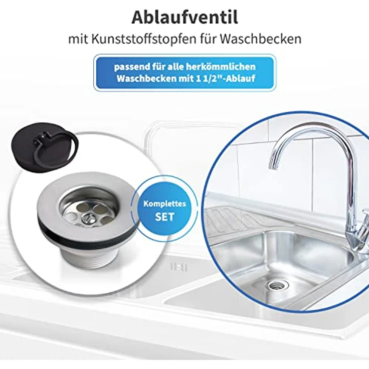 AquaDE Stopfen-Ventil AQUADE Universalventil 1 1/2" für Spülbecken und Spülwanne, aus hochwertigem Kunststoff, weiß – Bild 3