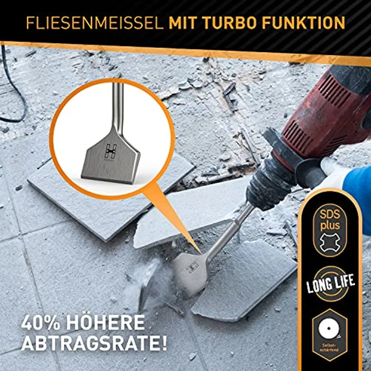 HARDTWERK Turbo Fliesenmeißel SDS Plus Meißel [165x75 mm] aus 42 CrMo Spezialstahl - Bruchsicher & Langlebig - Flachmeißel breit für Bohrhammer zum Fliesen & Fliesenkleber enfternen – Bild 2