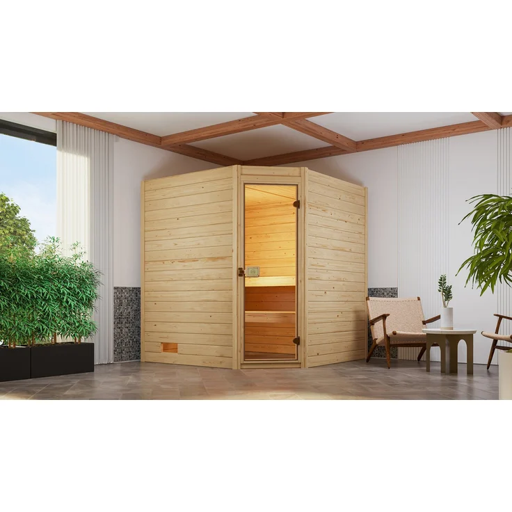 Weka Sauna Massivholzsauna Valida Eck 2, 189 x 189 x 203,5 cm, 38 mm, Blockbohlen, Eckeinstieg, moderne Ganzglastür - Naturbelassenes Fichtenholz