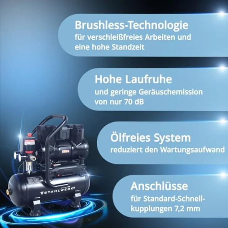 STAHLWERK Kompressor 10 l, ölfrei, leise, 8 bar, 1,97 PS, 250 l/min Druckluftkompressor mit Brushless-Motor – Bild 4