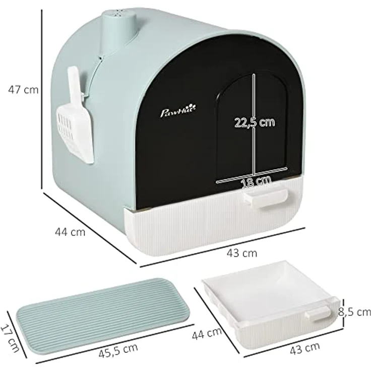 PawHut Katzentoilette Toilette mit Haube für Katzen bis 5 kg Katzenklo mit Deckel inkl. Schaufel ausziehbares Tablett Katzenstreu Matte Kunststoff Grün 43 x 44 x 47 cm – Bild 3