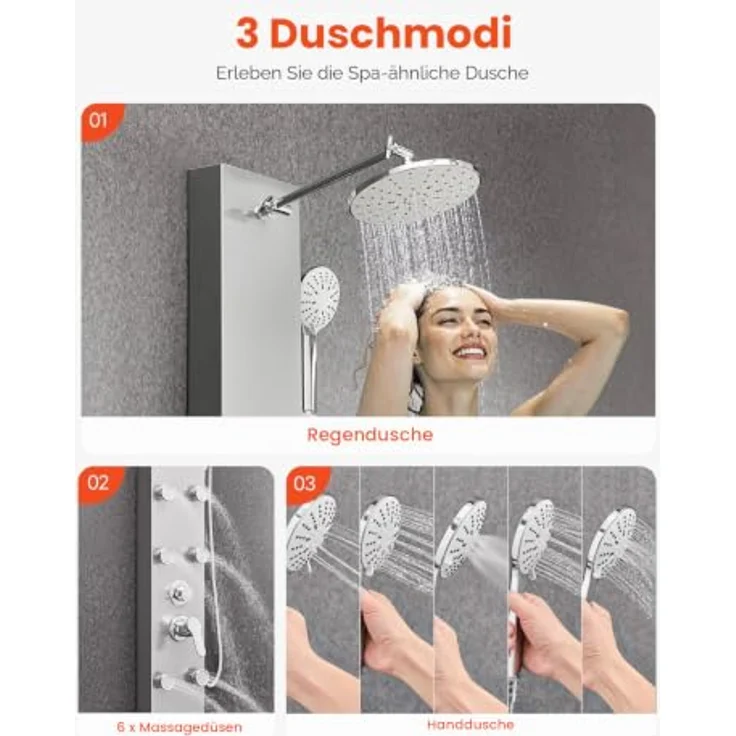 VEVOR Duschpaneel-Turmsystem 3 in 1 mit 124 cm Duschsäule aus gebürstetem Edelstahl, Regenwasserfall-Duschkopf, Handbrause & 6 Massagedüsen zur Wandmontage – Bild 3