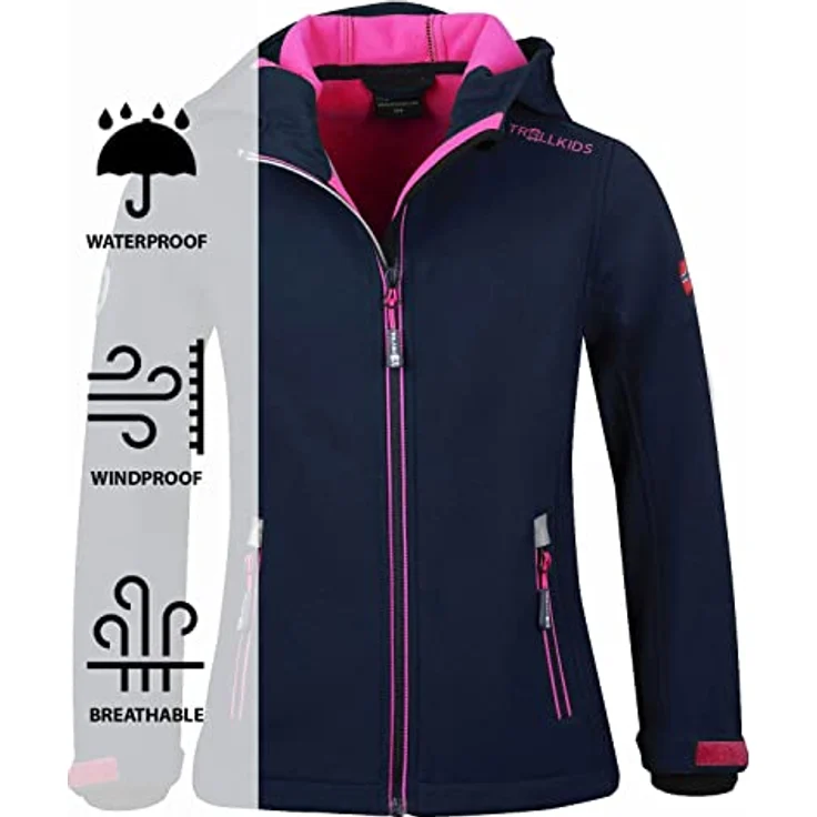 TROLLKIDS Softshelljacke Trollfjord Wasserabweisend, Mädchen (tailliert) mit reflektierenden Details, norwegische Flagge, blau – Bild 3