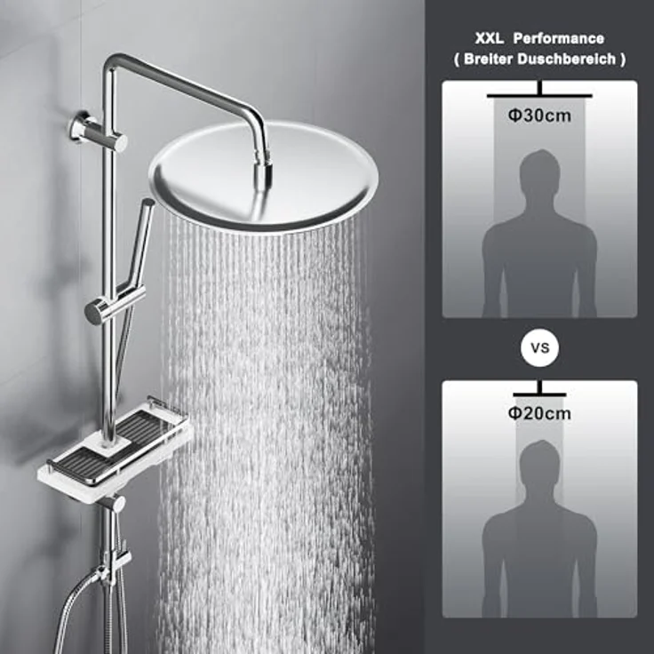 Görbach Edelstahl Duschset, Regendusche Duschsystem ohne Armatur, 30 cm Kopfbrause, verstellbare Duschstange, Duschablage Chrom – Bild 2