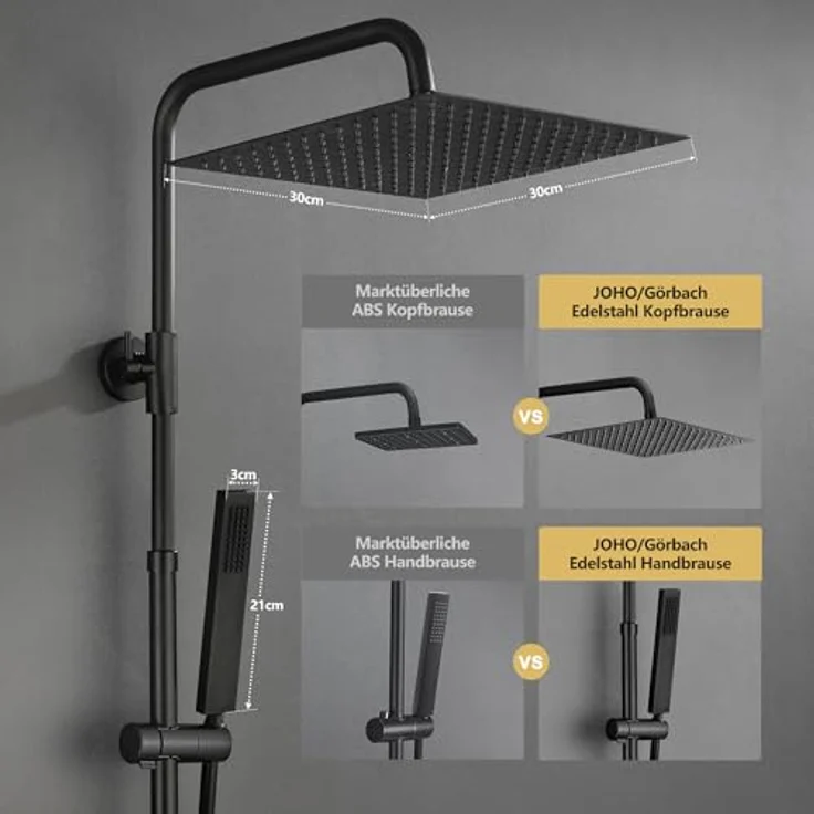 Görbach Regendusche Duschsystem mit Thermostat, XXL Kopfbrause 30x30 cm, Schwarz, rostfreier Edelstahl, intelligente Temperaturkontrolle – Bild 3