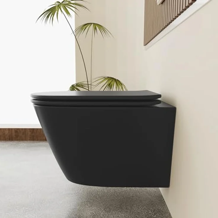 Alpenberger Hänge WC Schwarz Matt | Moderne Toiletten | Kloschüssel mit Toilettendeckel mit Absenkautomatik | Wand WC Spülrandlos – Bild 3