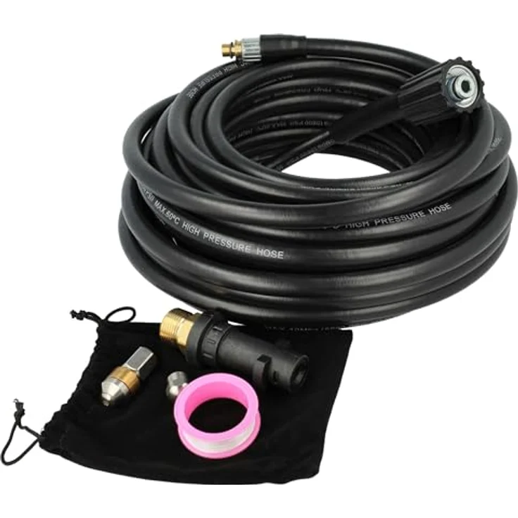 vhbw 15m Hochdruckschlauch für Kärcher K 3 Horizontal Plus, 3 Full Control Home, 3 Home, 3 Full Control Home T 5, mit Schnellkupplung, max. Druck 200 bar, schwarz/gold – Bild 1