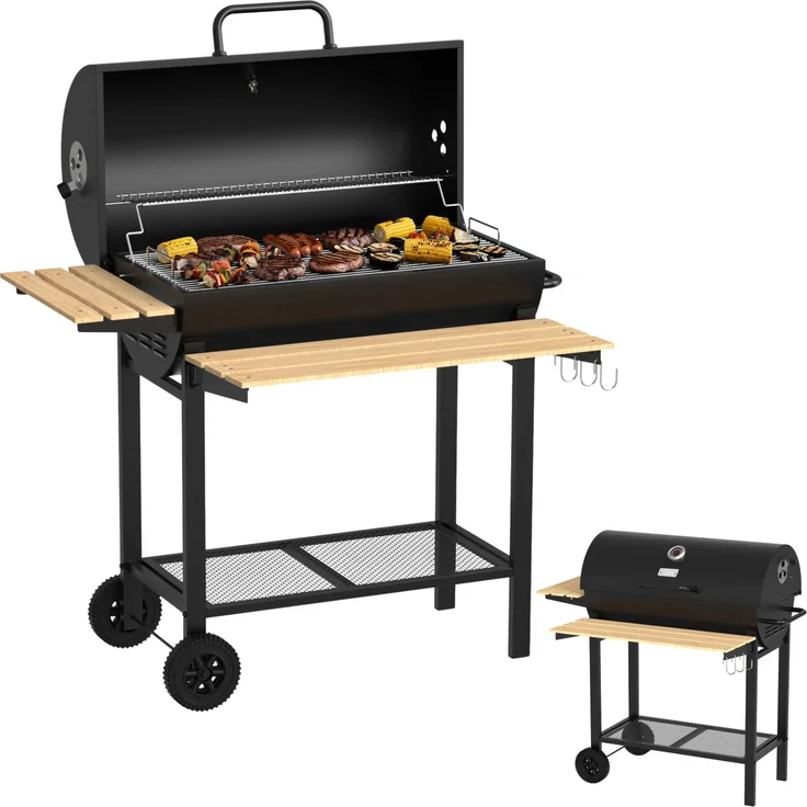 Zilan Holzkohlegrill mit Deckel und Thermometer, große Grillfläche 71 × 37 cm, BBQ Grillwagen mit Holzablagen und ausklappbarem Fronttisch, mobile Räder, für Garten & Terrasse