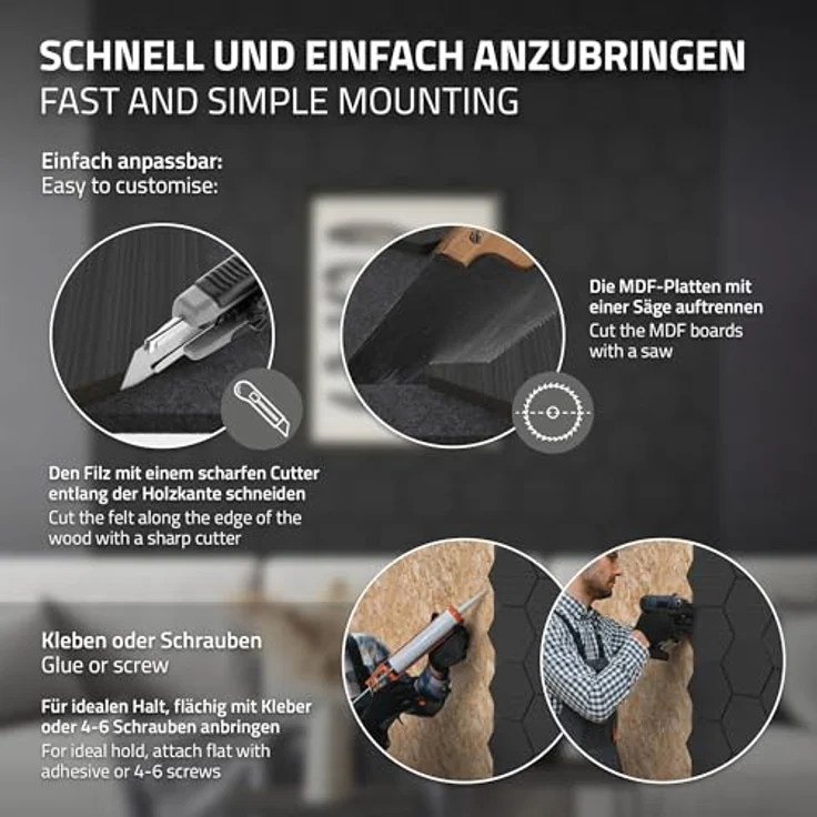 ML DESIGN 2er Set Akustikpaneele 66x81x2cm, Schwarz in Hexagon-Holzoptik, schallabsorbierende Wandpaneele für Büro und Studio, exzellente Schalldämmung, einfache Montage – Bild 4