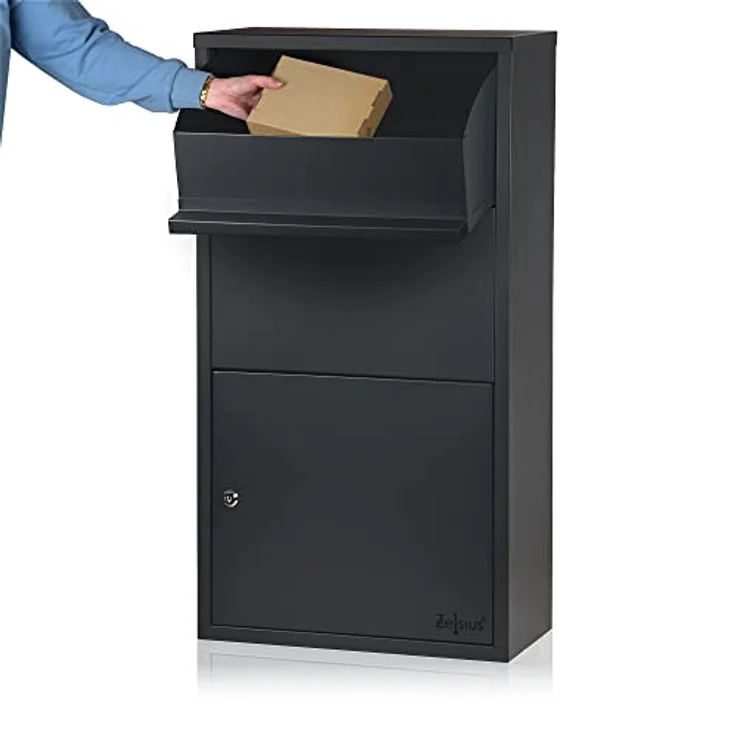 Zelsius Briefkasten mit Paketfach Merkur | pulverbeschichteter Stahl mit Edelstahl Elementen | RAL7016 Anthrazit | integrierte Rückholsperre | Wandmontage | Paketbriefkasten, Paketbox, Parcel Box – Bild 2