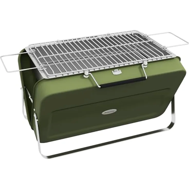 Outsunny Tischgrill Holzhohlgrill, Tischholzgrill mit Kohleschale, Grillrost Campinggrill mit Griff für Picknick, Garten, Edelstahl Grün, 47 x 30 x 28 cm