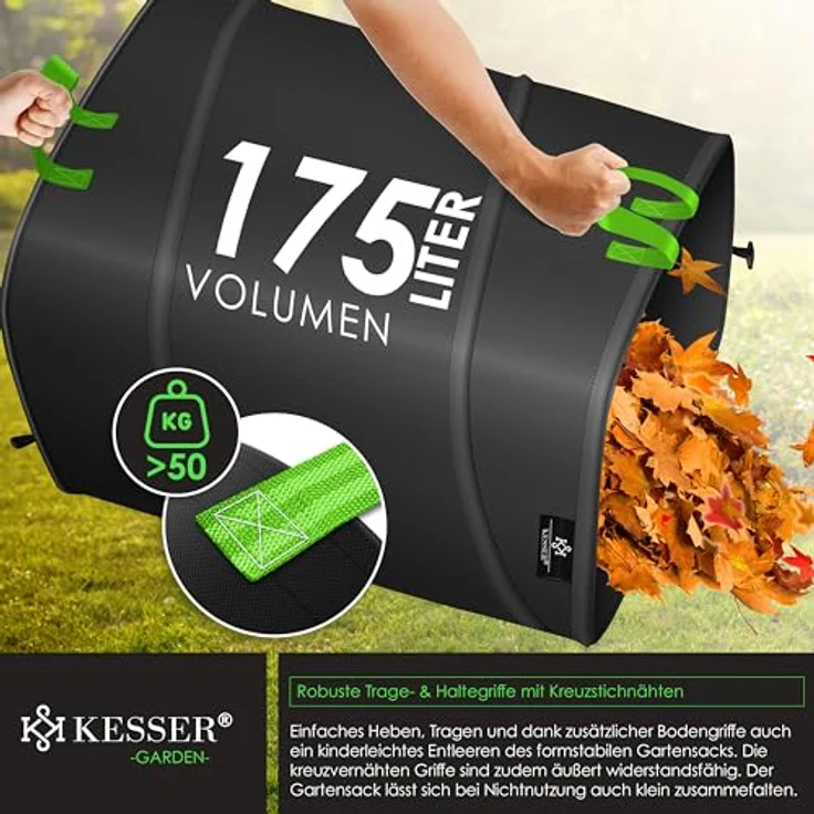 KESSER® Pop-Up-Gartensack 3x 175L Set, stabiler Laubsack aus robustem Propylengewebe, selbststehend mit Griffen, faltbar, inkl. Handschuhe – Bild 5
