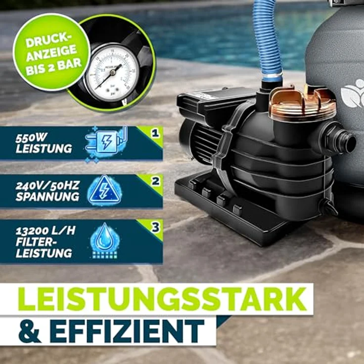 tillvex Sandfilteranlage 13.200L/h, selbstansaugend mit 1200g Filterbällen, 7-Wege Ventil und 2-in-1 Adapter Ø32-38mm für Pools bis 40.000L – Bild 4
