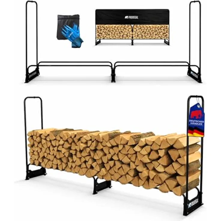 PROREGAL Kaminholzregal CHIMERA, wetterfestes Stahl-Regal für Außenbereiche, 117x260x36cm, Schwarz, inkl. Abdeckung & Handschuhe
