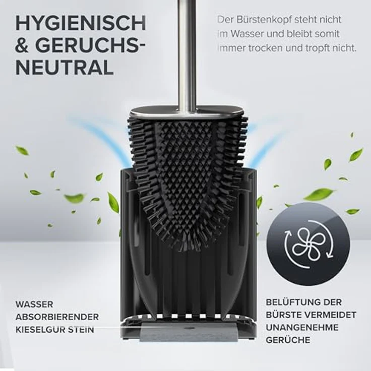 ovimar Toilettenbürste Omofyr | Silber | Silikon Klobürste | WC Bürste mit Belüftung | Edelstahl | abnehmbare Tropfschale | nur 6cm breit| stehend oder Wandbefestigung im Badezimmer – Bild 3