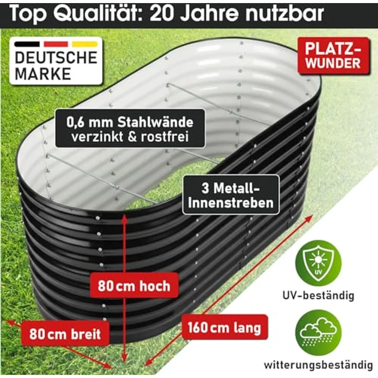 BRAST Hochbeet Metall Julia 160x80x80cm, verzinkt und rostfrei, wetterfest, ovale Form, inkl. umfangreichem Zubehör, Schwarz – Bild 4