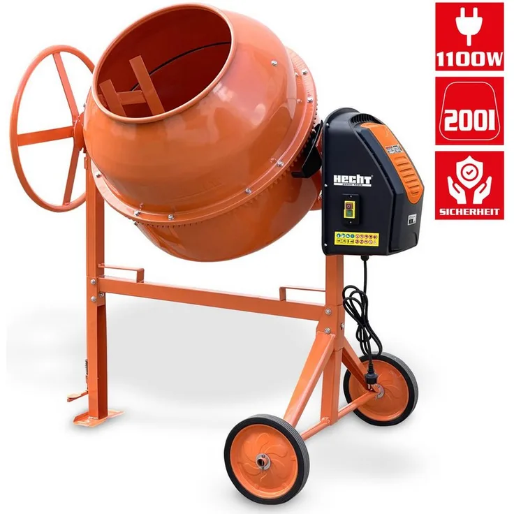 Hecht Betonmischer 2223, 1100W, 200L Volumen, spritzwassergeschützt IP44, schwere Stahlkonstruktion mit 270 mm Rädern