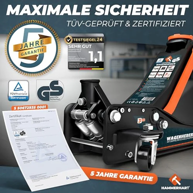 HAMMERHART Hydraulischer Wagenheber 3T, Premium Rangierwagenheber TÜV geprüft mit 75-500mm Hubhöhe, flach mit 360° Rollen & Doppelkolben, inkl. Gummiauflage und T-Griff – Bild 3
