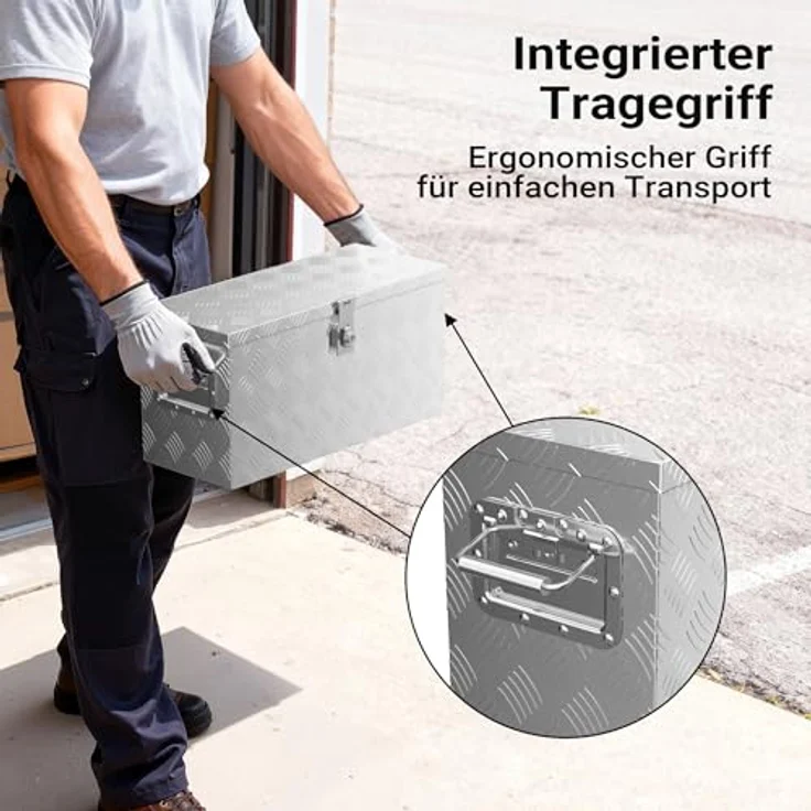 XPOtool Alu Kiste 60x25x30 cm, verschließbare Werkzeugbox aus Aluminium Riffelblech mit Deckelüberstand, inklusive 2 Schlüsseln, witterungsbeständig und stabil – Bild 5