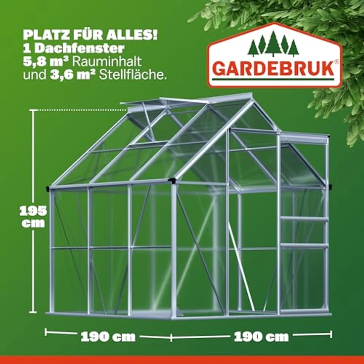 GARDEBRUK® Gewächshaus Aluminium 3,6m², 190x190cm, inkl. Dachfenster, stabil und isoliert, ideal für Anzucht und Pflanzenpflege – Bild 3