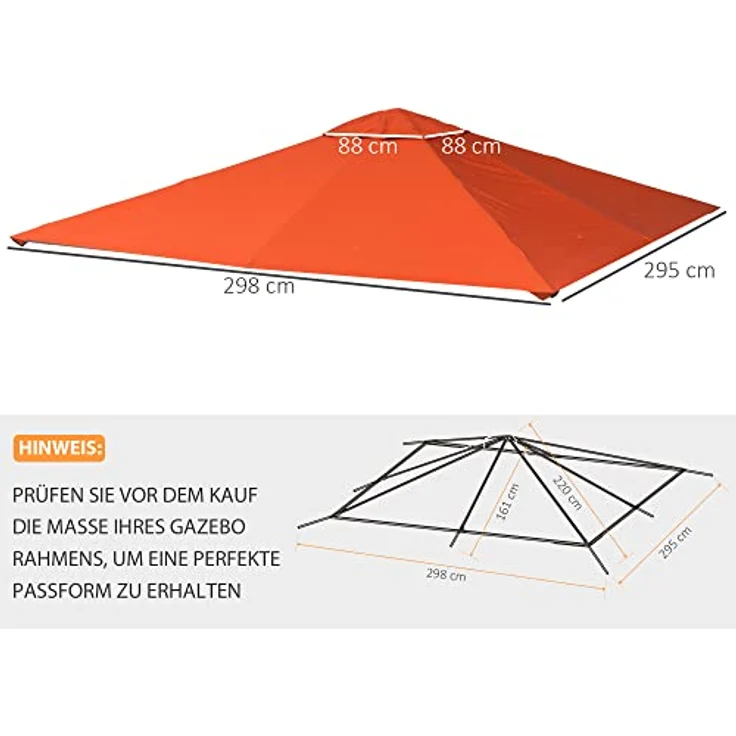 Outsunny Pavillondach, Ersatzdach für Pavillon, Pavillonabdeckung, Sonnenschutz Polyester, Orange, 2,98 x 2,95 m – Bild 3