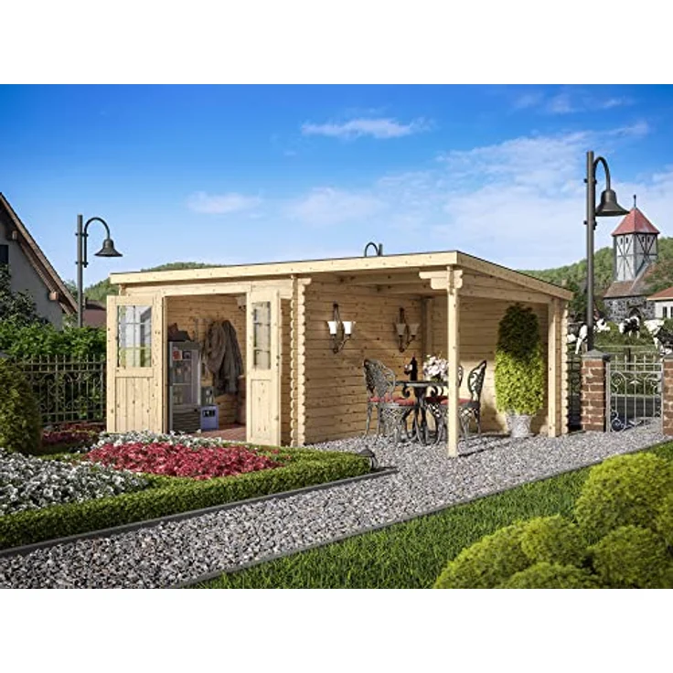 Woodtex Gartenhaus Blockbohlenhaus CA2976, 28 mm naturbelassen mit 2 m Anbau und Doppeltür mit Echtglas-Einsätzen, BxT: 496x309 cm – Bild 6