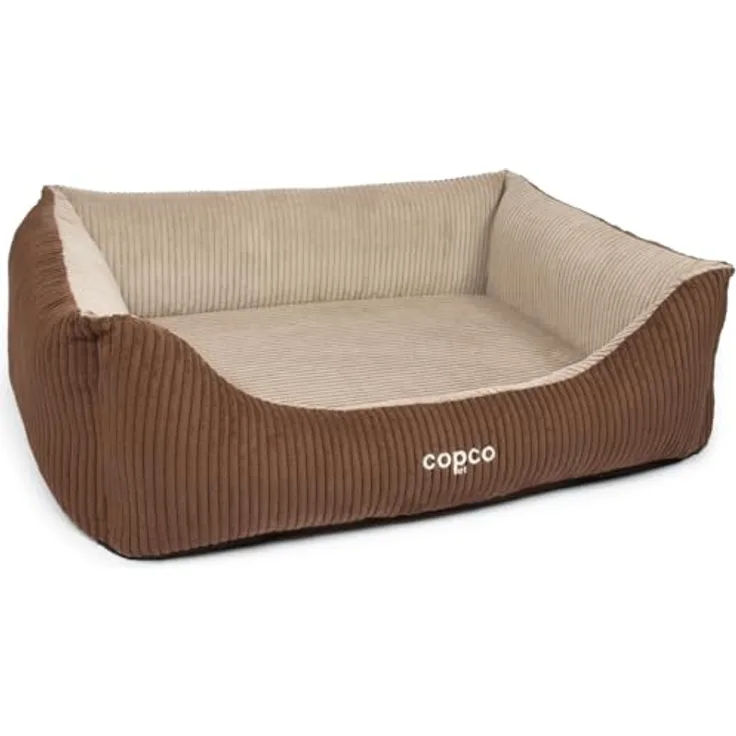 CopcoPet Hundebett Kyra Cord Stoff S 70x55cm Braun - Schaumstoffkissen, waschbarer Bezug, erhöhte Ränder