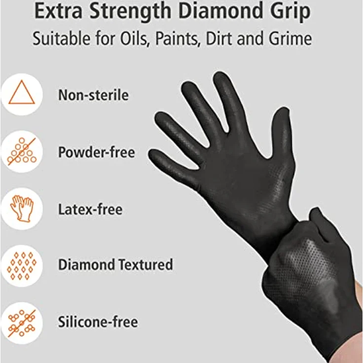Nitril-Industrie-Handschuhe – Diamant-Textur für verbesserten Griff, unsteril und hypoallergen, beidhändig, für mehrere Sektoren, Einweg, Bulk-Buy, 6,5 g Dicke (klein) (schwarz) – Industrade – Bild 2