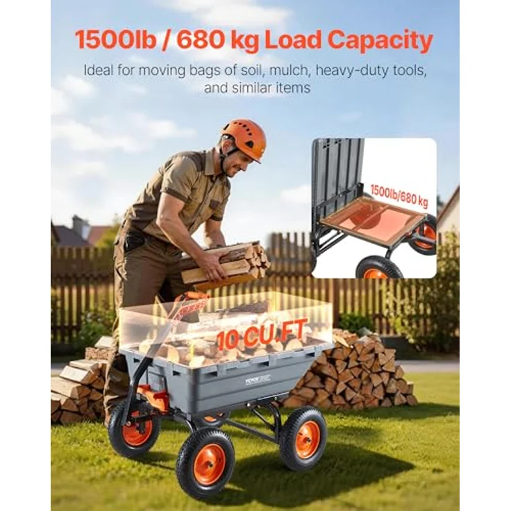 VEVOR Gartenwagen 680 kg, Transportwagen mit Kippfunktion und verstellbarem Griff, pannensichere PU-Räder, leichtes Handling für Gartenarbeiten – Bild 2