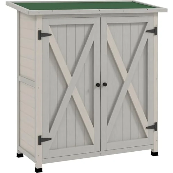 Outsunny Gartenschrank aus Holz, Wetterfest mit 2 Türen, Asphaltdach, für Garten und Terrasse, 110 x 55 x 117 cm, Hellgrau – Bild 1
