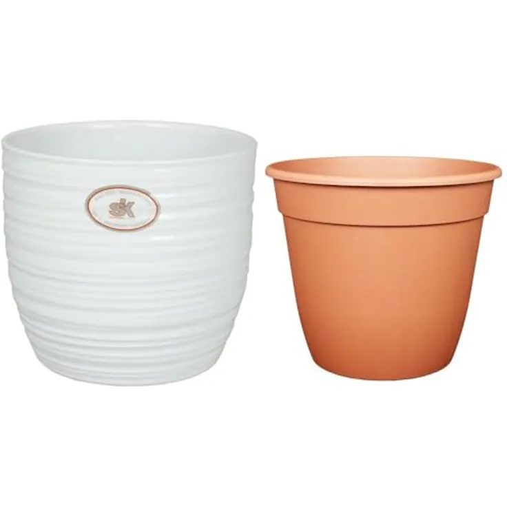 MePla SK Soendgen Keramikübertopf Bergamo, Set mit Ø13 cm weiß glänzend und Ø12 cm Pflanztopf, zeitloses Design, hohe Qualität