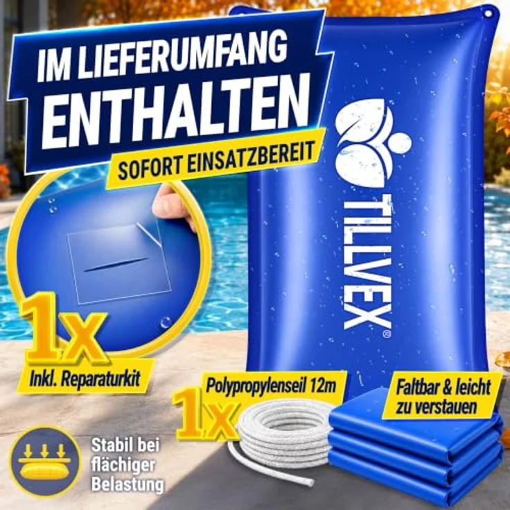 tillvex® Poolkissen Winter XXL 200x240 cm, Luftkissen frost- & chlorbeständig bis -20°C mit 12m Seil & Reparaturkit, inkl. Schraubventil für Poolüberwinterung – Bild 8