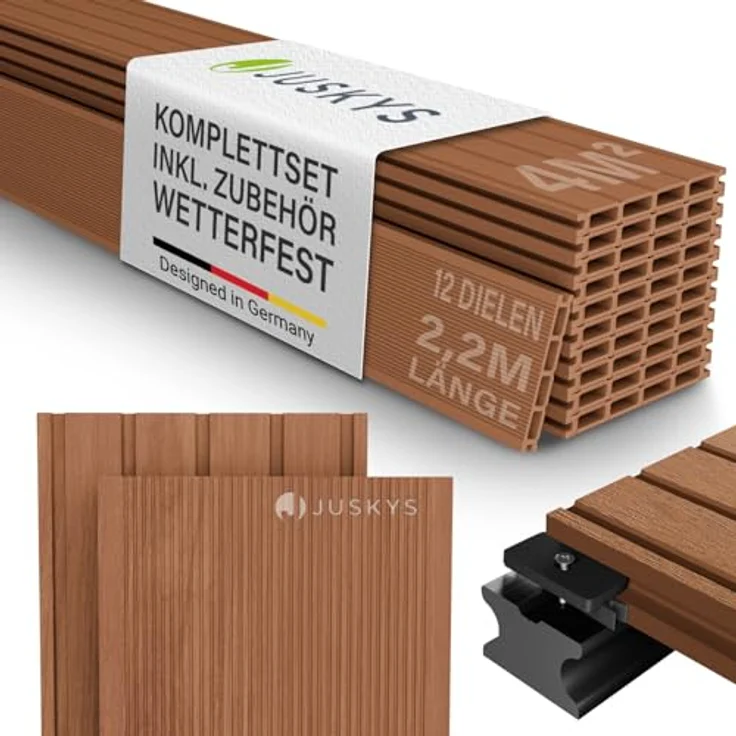 Juskys WPC-Terrassendielen, 4 m², Teak, witterungsbeständig, raue Oberfläche, 330 kg/m² belastbar, Komplett-Set mit Unterkonstruktion – Bild 1