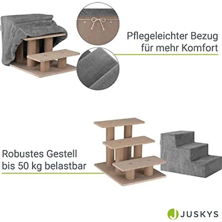 Juskys Haustiertreppe Hundetreppe 36 cm - Treppe 3 Stufen Plüsch-Bezug waschbar - Katzentreppe Hunderampe für Bett, Sofa, Couch und Auto - Bezug Grau – Bild 5