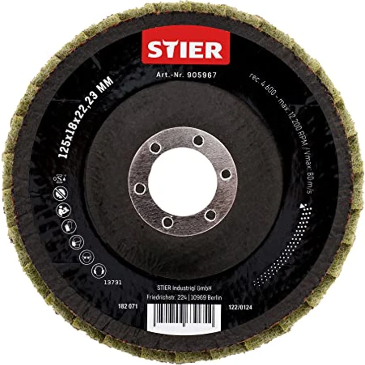 STIER Vlies Fächerschleifscheiben, 125 x 18 x 22,23 mm, grob, 5 Stk., kühler Schliff bei 12.200 RPM, für Edelstahl – Bild 1
