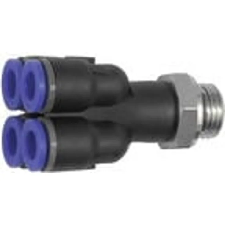 RIEGLER Mehrfachverteiler »Blaue Serie«, 4-fach drehbar, M5, für Schlauch-Außen-Ø 6 mm, max. 10 bar, Kunststoff/MS