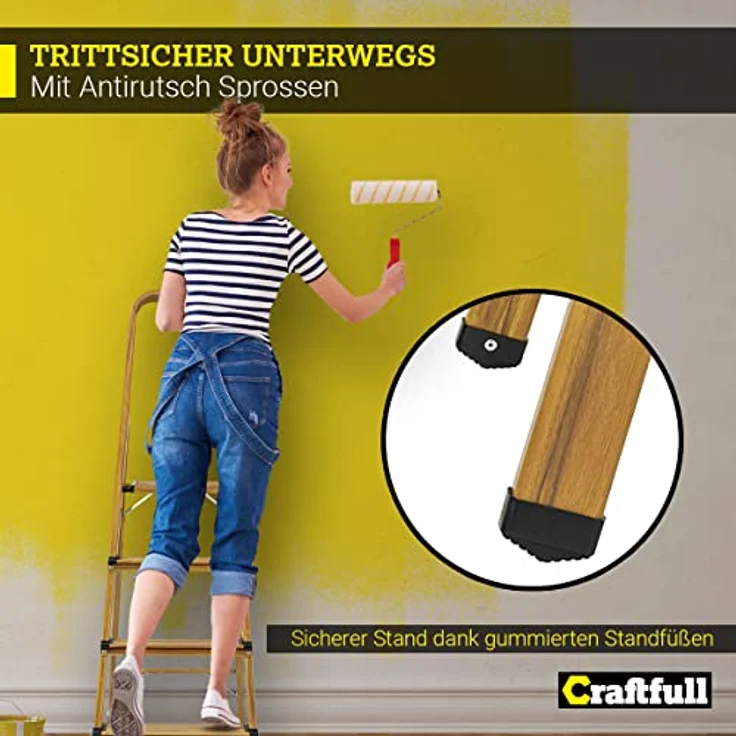 Craftfull Stehleiter CF-133A Aluminium-Haushaltsleiter klappbar Holzoptik (2 Stufen Holz Edition) – Bild 4