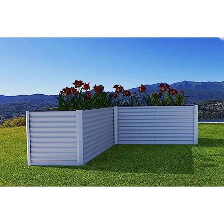OUTFLEXX Eck-Hochbeet in Silber, Stahl mit Zincalume Beschichtung, 270x270x90x84cm, Gemüsebeet Blumenbeet aus Metall für Garten & Balkon – Bild 2