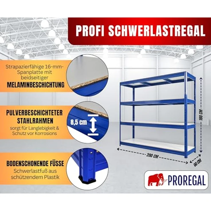 Proregal Schwerlastregal DINO, 180 x 200 x 60 cm, Traglast 500 kg pro Boden, 4 Fachböden, Steckmontage, Blau – Bild 2
