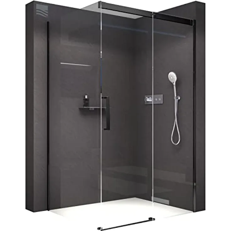 NEXTREND Eckdusche Bernstein DX906 FLEX, Schiebetür Soft-Close, 8 mm Nano Echtglas, schwarze Aluminiumprofile, Breite: 110 cm (Tür) + 90 cm (Seitenwand)