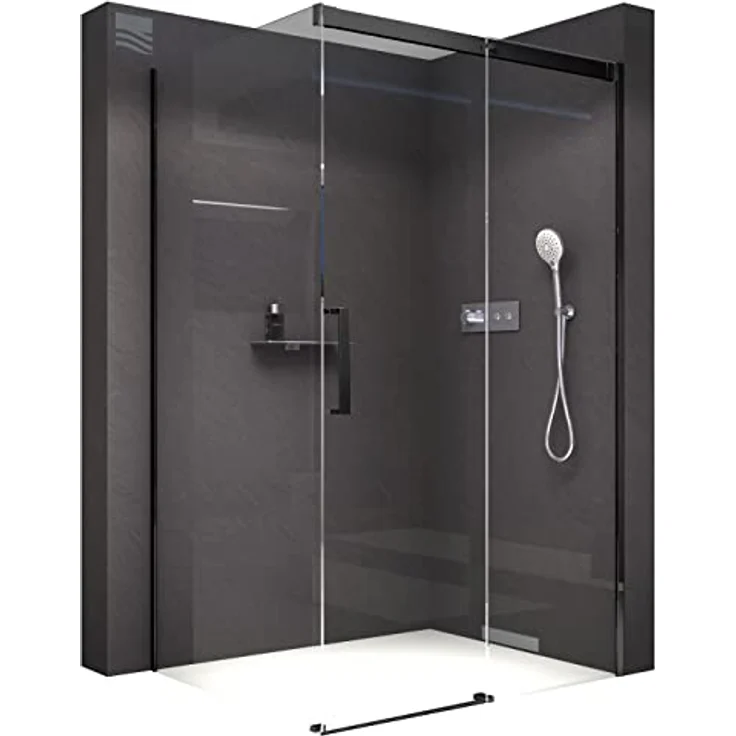 NEXTREND Eckdusche DX906 FLEX, Schiebetür mit Soft-Close, 8 mm Nano Echtglas, Schwarz matt, Breiten wählbar, 120 cm Schiebetür-Element und 80 cm Seitenwand – Bild 1