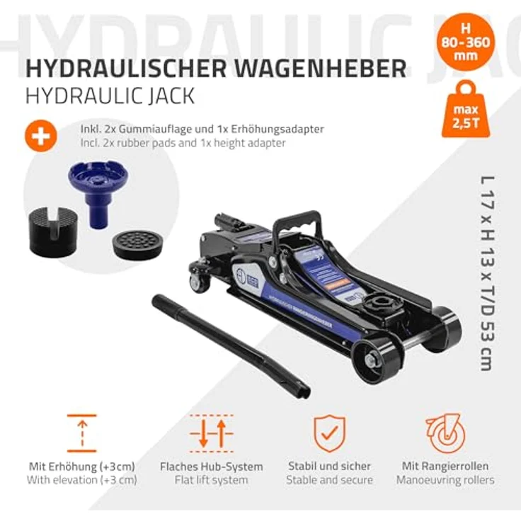 ECD Germany Wagenheber hydraulisch 2,5T, 80-36 mm, Gummiauflagen & SUV-Adapter, schwarz – Bild 3