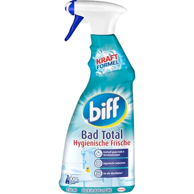 biff Bad Total Hygienische Frische Badreiniger, 750ml - entfernt 99,9 % der Bakterien und Viren, für Oberflächen im Bad & WC
