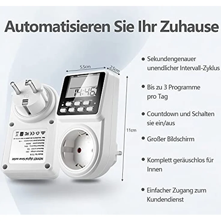 NOVKIT Intervall Digitale Zeitschaltuhr Steckdose, unendlicher Zyklus, 3 Schaltprogramme, Countdown, 230V / 16A / 3600W – Bild 2