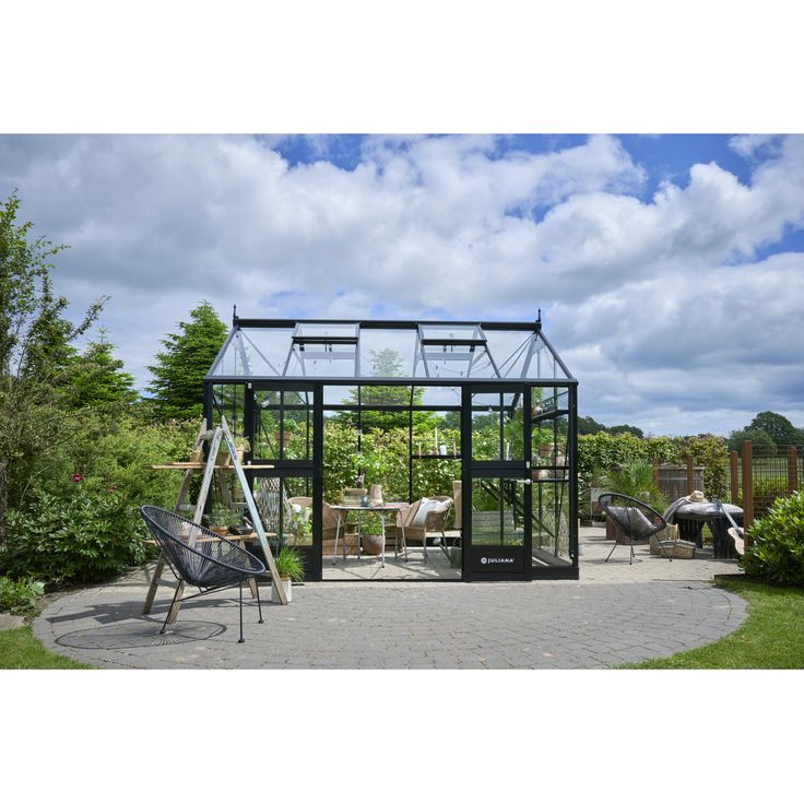 Juliana Gewächshaus 'Jubii 60', 10,9 m² mit 3 mm Sicherheitsglas, schwarz, inklusive Dachfenster und Doppeltür mit Schloss