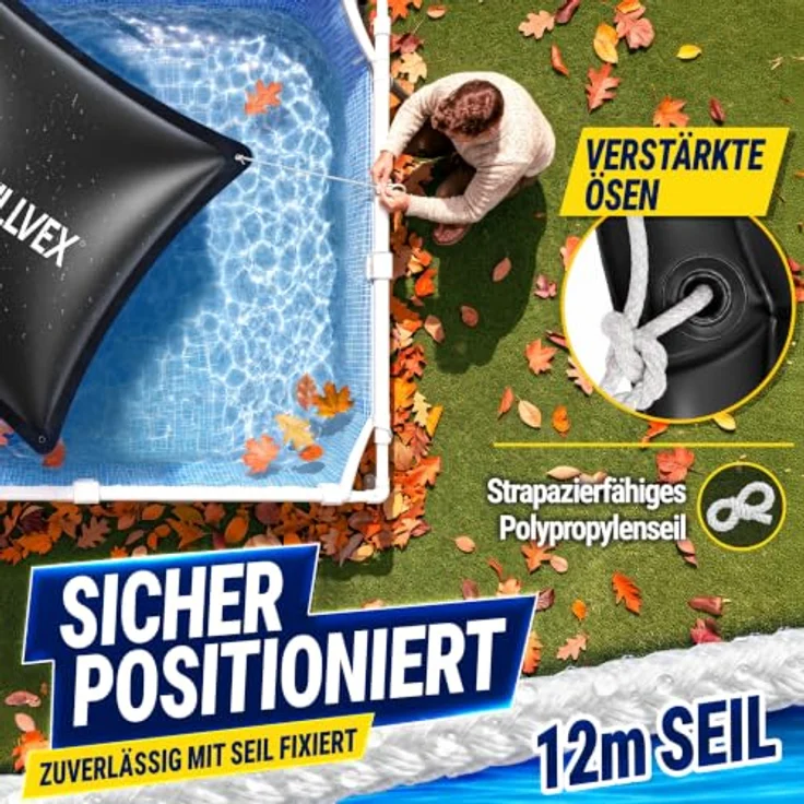tillvex® Poolkissen Winter 3x XXL 120x120cm, Luftkissen frost- & chlorbeständig bis -20°C mit 12m Seil & Reparaturkit, Überwinterung für Pool – Bild 6