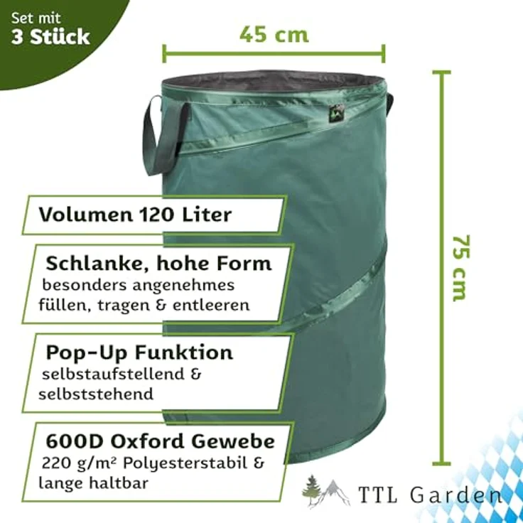 TTL Garden Pop Up Laubsäcke 3 x 120L, Gartensack, robuster Sack für Gartenabfall, Abfallsack faltbar – Bild 3