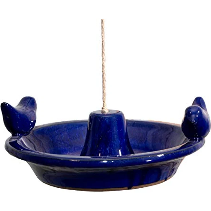 Antikas Vogeltränke, hängendes Vogelbad aus Keramik, rund, blau, 28 cm – Bild 1
