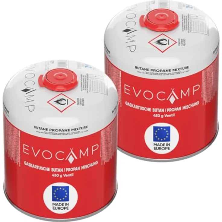 EVOCAMP 2X Propan Butan Gaskartuschen 450g, Schraubkartuschen für Weber Grills Q100/1000-Serien, mit Sicherheits-Verschlussautomatik, Eurogewinde 7/16", 809ml – Bild 1