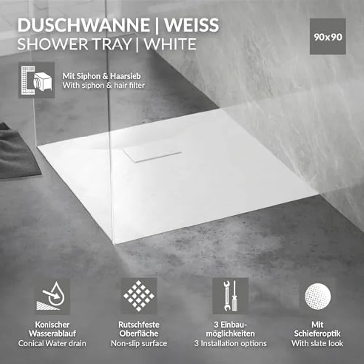 LuxeBath Duschwanne 90x90 cm Weiß, rutschfest mit Ablaufgarnitur und geringer Einbautiefe – Bild 2